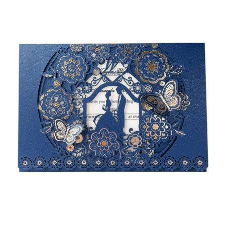 Navy Blue Floral Laser Cut Wedding Invitations Set with Butterfly Design and Envelopes - 50 Pack of Elegant 5 x 7.2 Inch Engagement and Wedding Invites