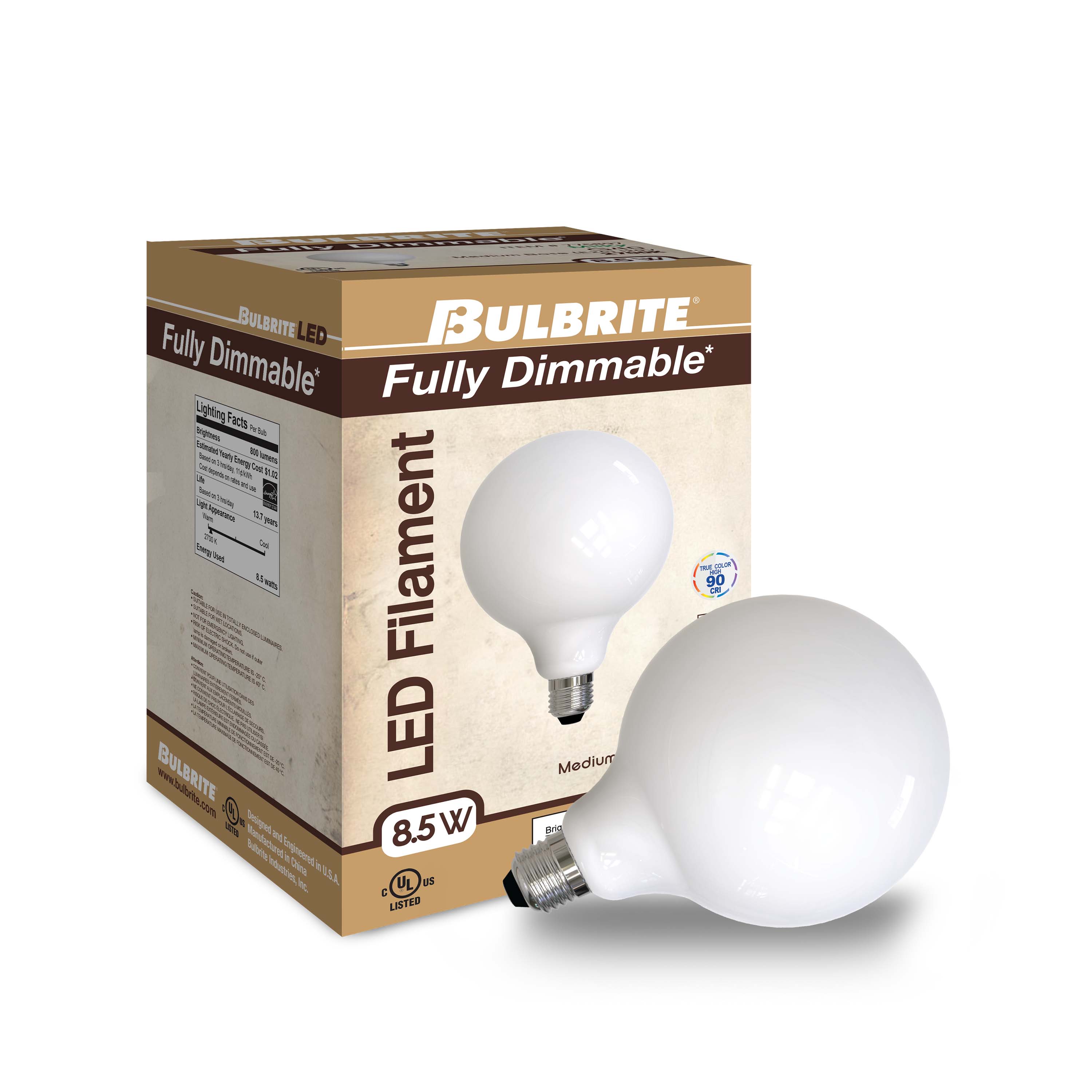 Bulbrite Pack of (2) 8.5 Watt Dimmable Milky Glass G40 LED Light Bulbs with Medium (E26) Screw Base 2700K (Warm White Light), 800 Lumens