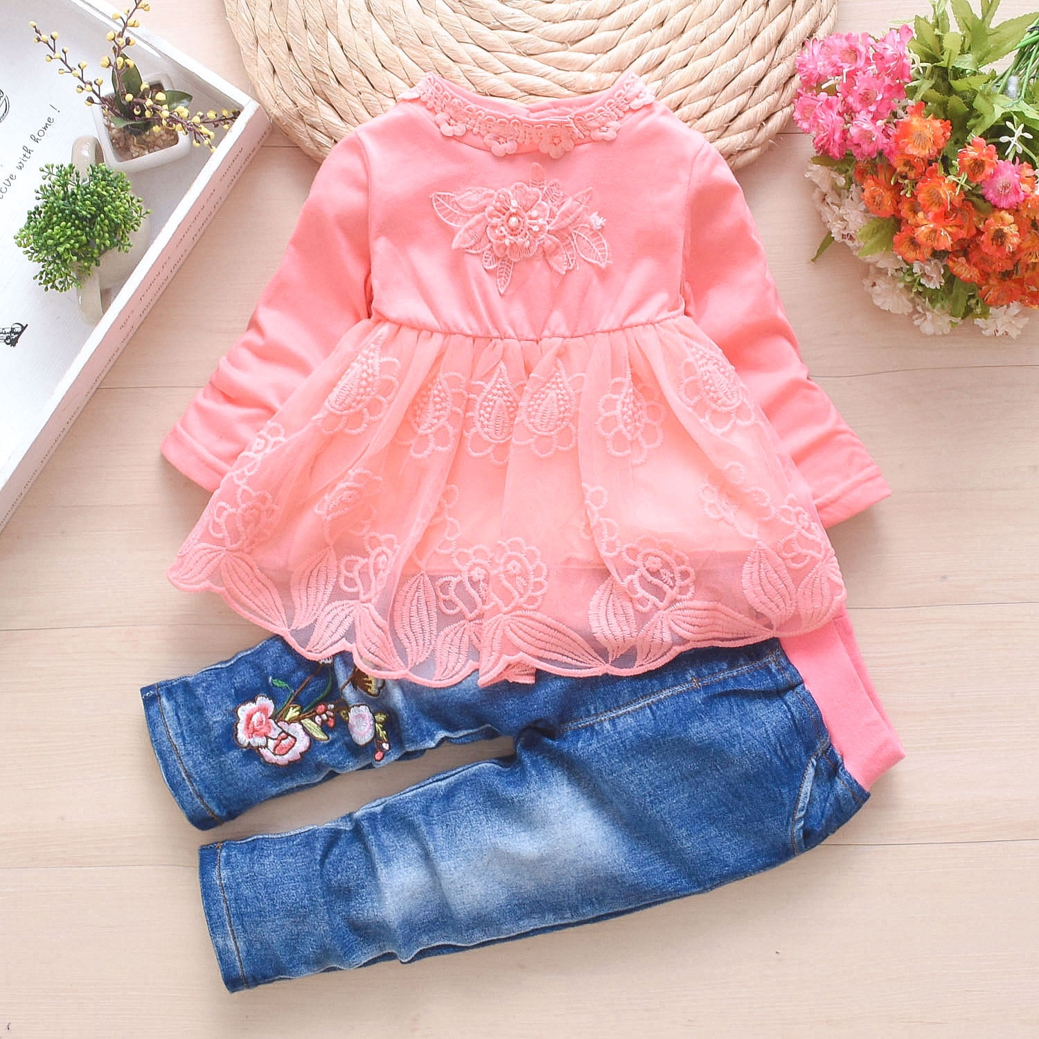 Peacolate 6M-4Years Spring Autumn Baby Girls Sets Denim 3 Pcs Clothes Long Sleeve T-Shirt Denim Jacket and Jeans,Pink,3-4years