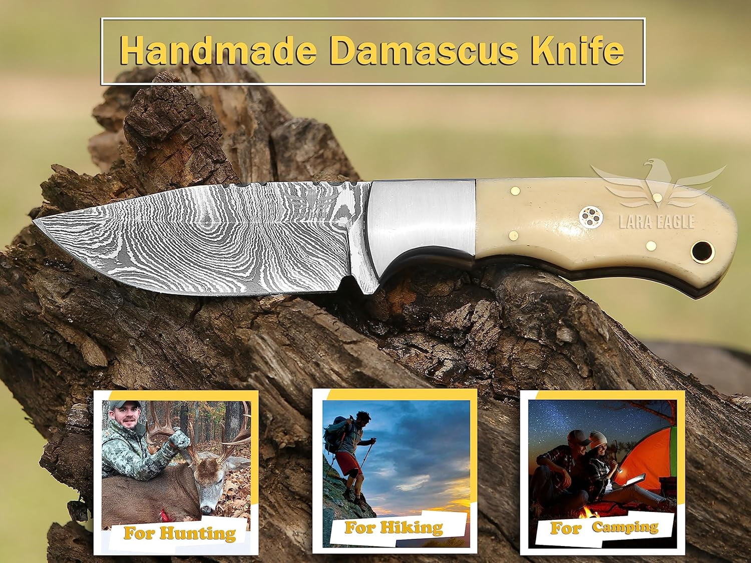 Lara Eagle Damascus Hunting Knife - Fixed Blade Handmade Skinner with Sheath - 7.5 inch Survival Knife - Camel bone Handle with mosaic pin