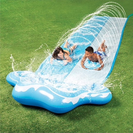 Terra 20ft Unique Slip and Slide 2 Person Blue Wave Water Slides with 2 Boogie Boards Outdoor Waterslide 2 Sliding Racing Lanes with Sprinklers Summer Toy 20ft x 62in For Fun