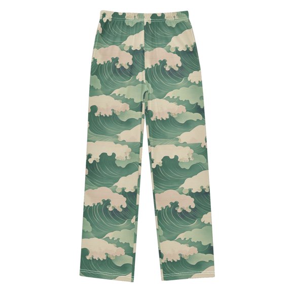 FORMRS Boys Pajama Pants with Pockets Size 6-8Y Kids Lounge Sleep Bottoms, Green Wave Pattern