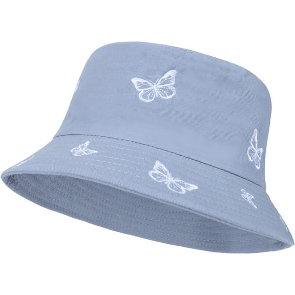 Butterfly Embroidered Bucket Hat Reversible Packable Foldable Beach Sun Hat Outdoor Cap for Women Men