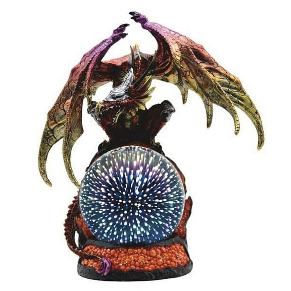 Metallic Red Gold Armored Dragon On Volcano Lava Rock With LED Optic Ball Statue