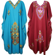 Mogul Womens Maxi Dress Evening Caftan Kashmiri Crewel Embroidered Blue,Maroon Bikini Cover Up Resort Wear Bohemian Fashion Kaftan Lot Of 2Pcs