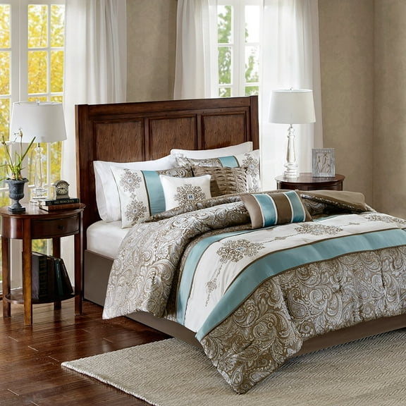 Madison Park Queen Caroline Jacquard 7-Piece Comforter Set, Blue