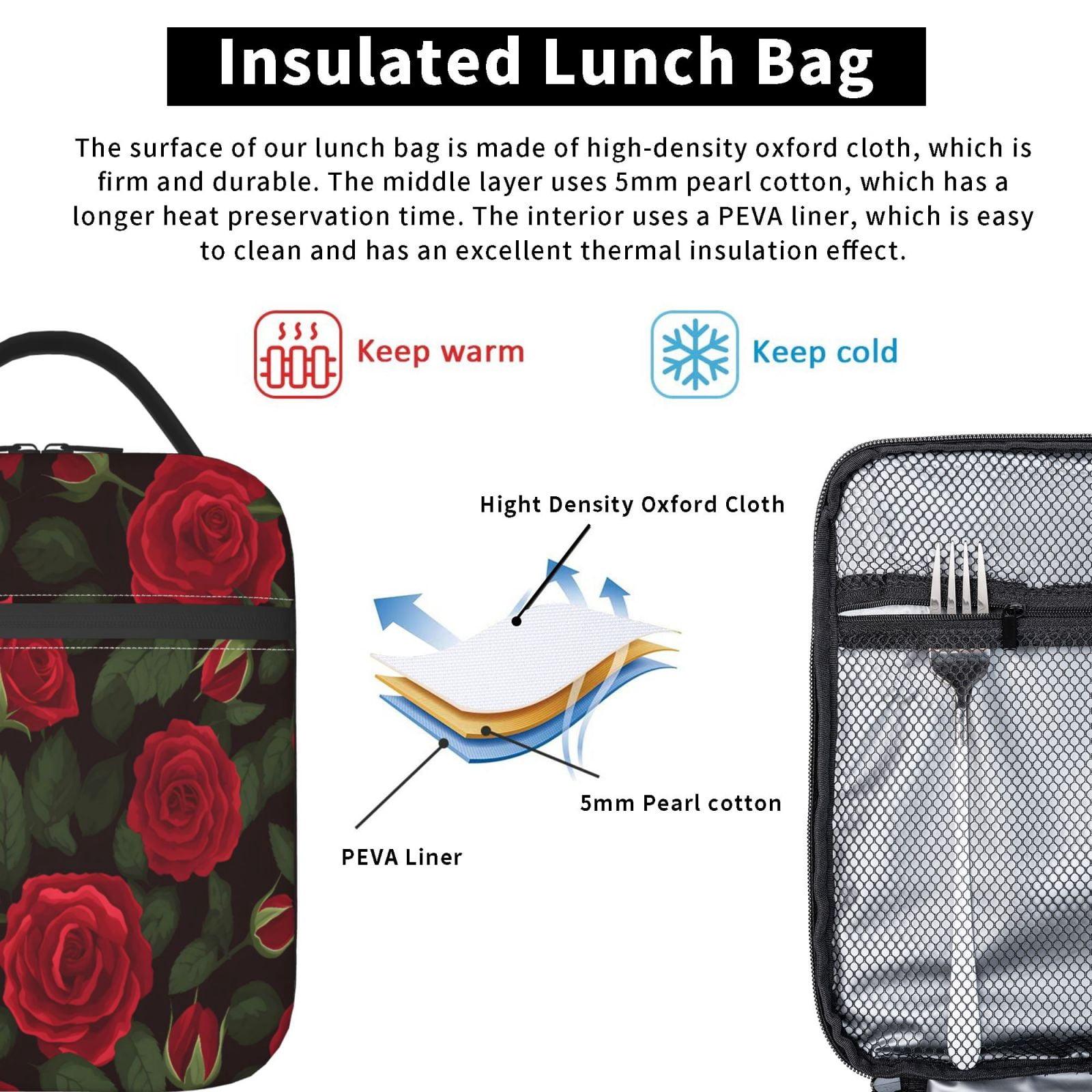 Lunch Bag For Women Men Insulated Portable Lunch Box Bento Box Office Picnic Travel Cooler Bag Red Rose Flower
