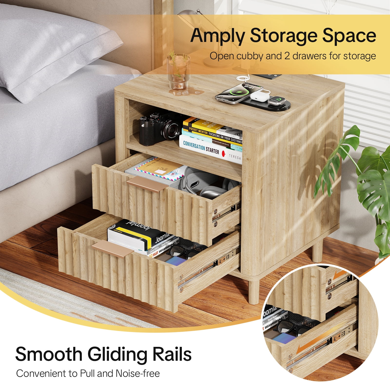 18" Wide Fluted Nightstand Set of 2 with Charging Station Modern Wood Bedside Table with 2 Drawers and Open Shelf, Mid Century End Table for Bedroom Living Room Office, Oak