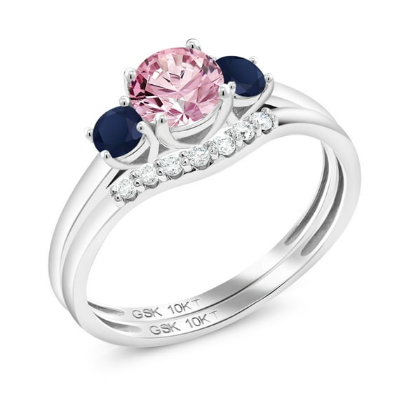 Gem Stone King 10K White Gold Pink Lab Grown Diamond and Blue Sapphire and Lab Grown Diamond Bridal-Sets Ring for Women | 0.86 Cttw | Round 5MM | Gemstone April Birthstone | Size 6