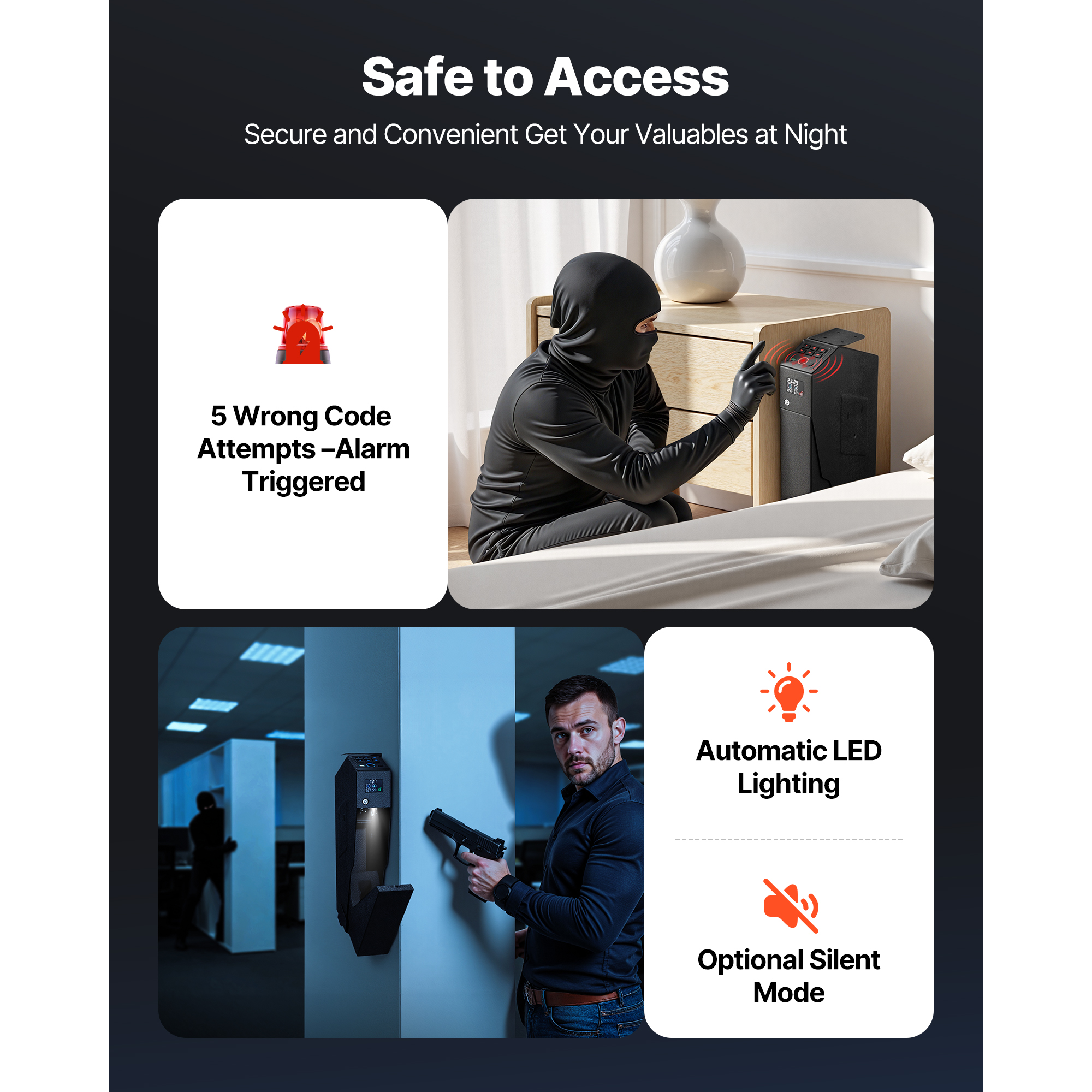 KFFKFF Secure Handgun Safe with Sliding Access, Biometric Fingerprint, Password, and Key Entry, Quick-Access Firearm Storage with LED Light for One Pistol and Magazine, Mountable for Nightstand, Desk