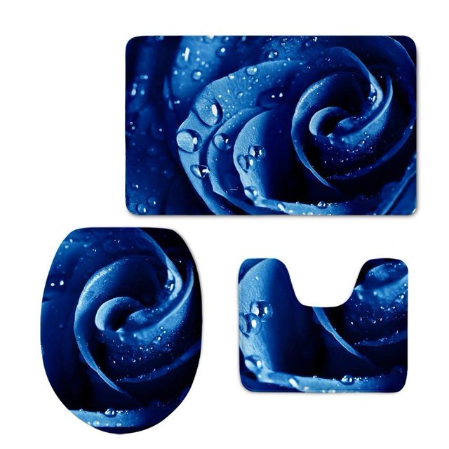 ABPHQTO Floral Azul Moderno Juego de alfombras de baño de 3 piezas Alfombra de baño Alfombra de contorno y tapa de inodoro