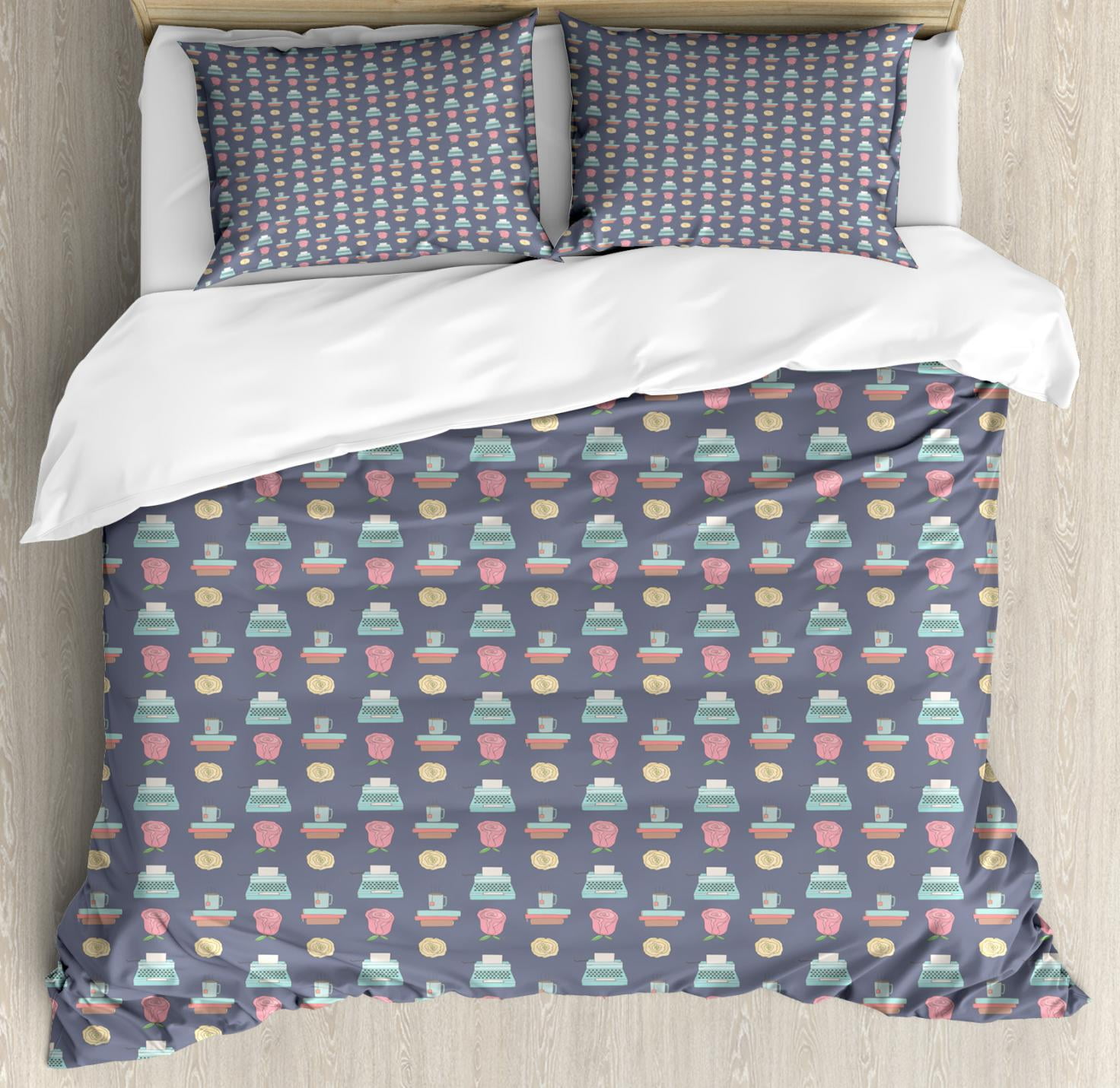 Vintage Duvet Cover Set Queen Size Repeating Sketch Pattern Vintage Duvet Cover Set Queen Size Repeating Sketch Pattern Office Concept With Tea Cup Typewriter And Roses Decorative 3 Piece Bedding 2