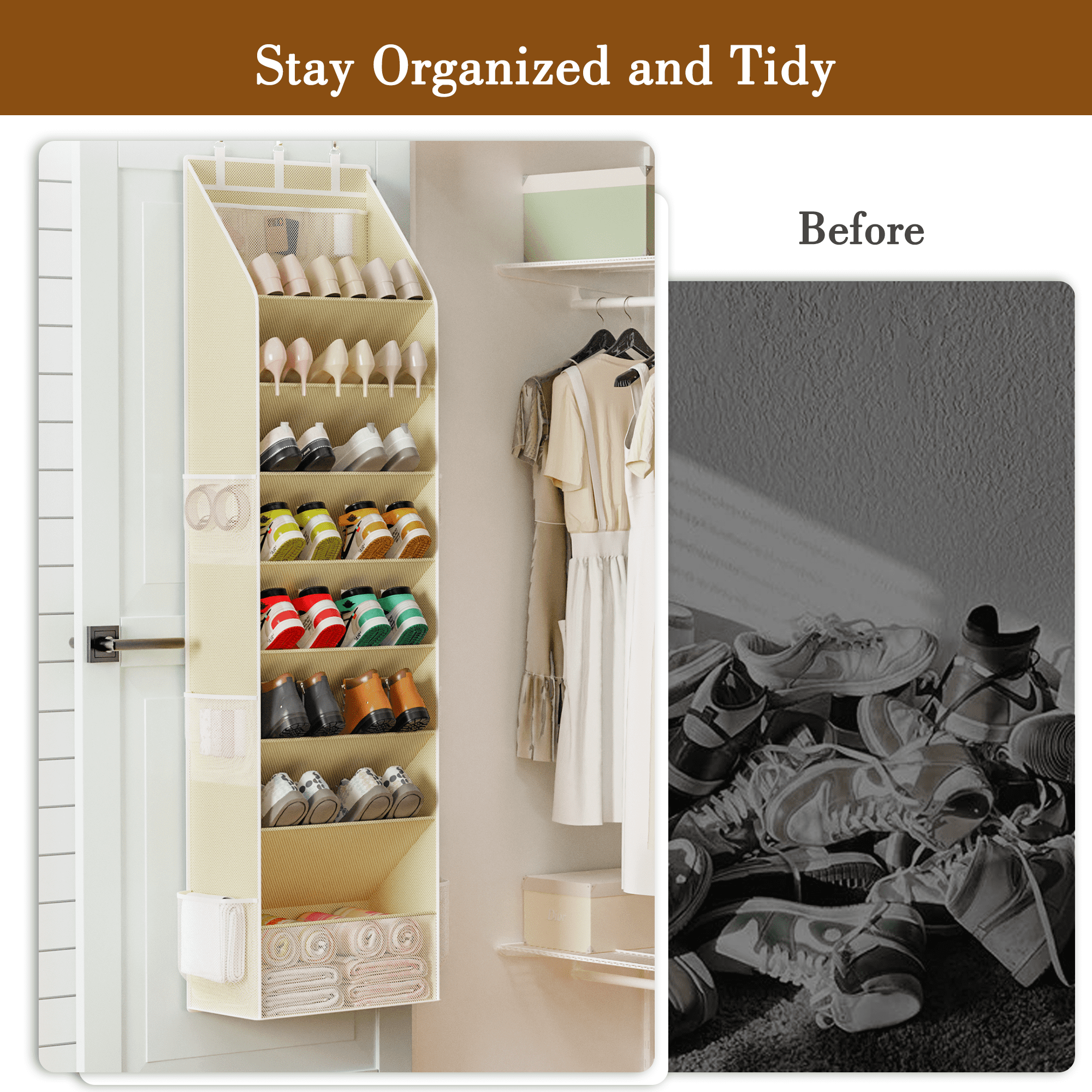 Criusia Over the Door Shoe Organizer, Hanging Shoe Storage with Deep Pockets ,Ideal for Sneakers, Heels, Boots, Fits 16-24 Pairs of Shoes, Beige