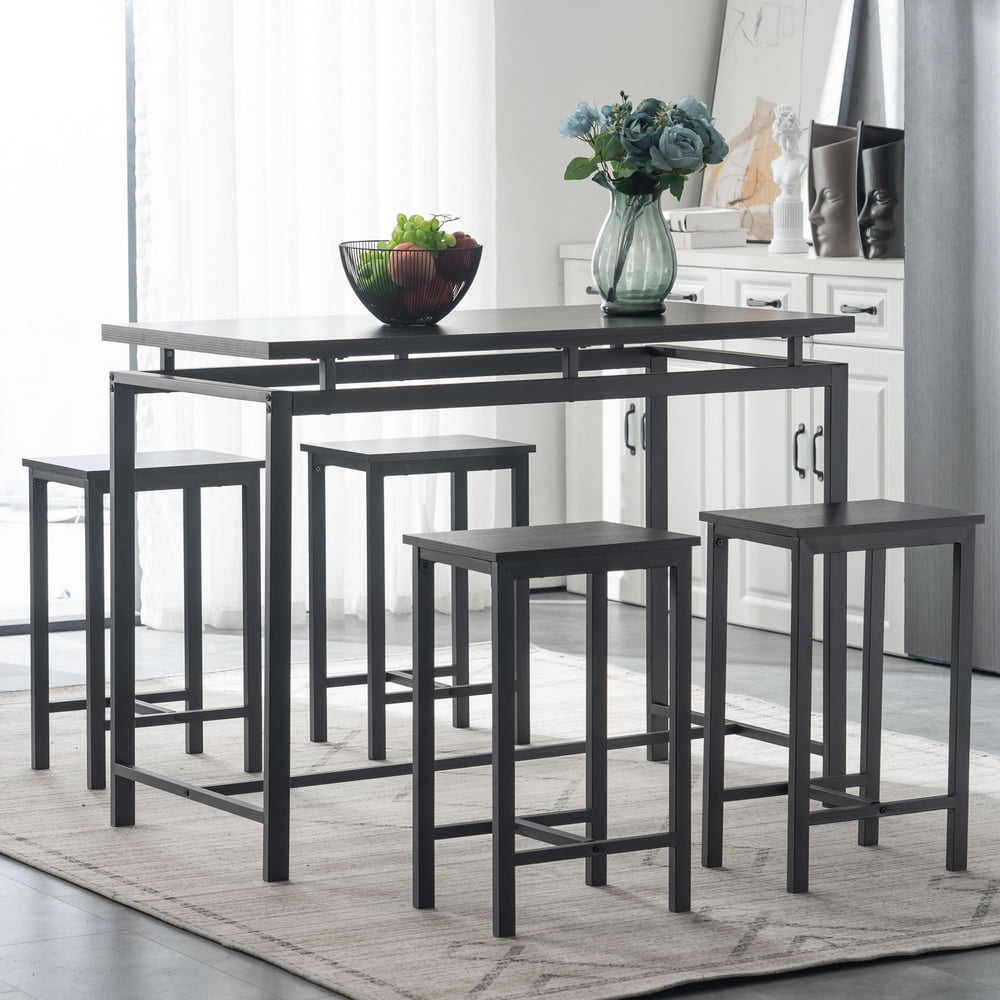 Yardi Yard 5-Piece Kitchen Counter Height Table Set with 4 Chairs, Rectangular Bar Table and Stools for Dining Room Bistro Pub Black Yardi Yard 5-Piece Kitchen Counter Height Table Set with 4 Chairs, Rectangular Bar Table and Stools for Dining Room Bistro Pub Black