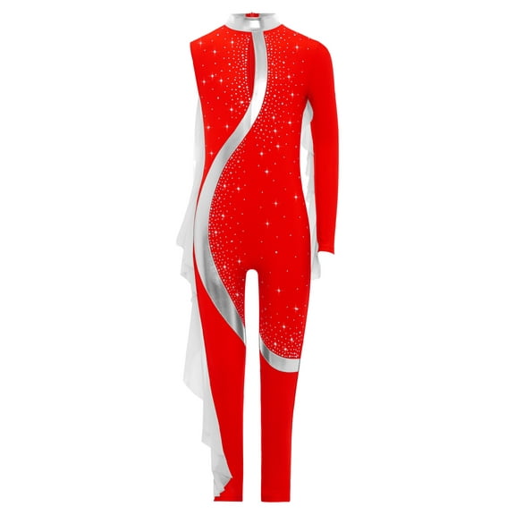 Haitryli Kids Girls Gymnastics Dance Bodysuit Mesh Ruffle Full Body Unitard Asymmetrical Figure Skating Jumpsuit Red 14