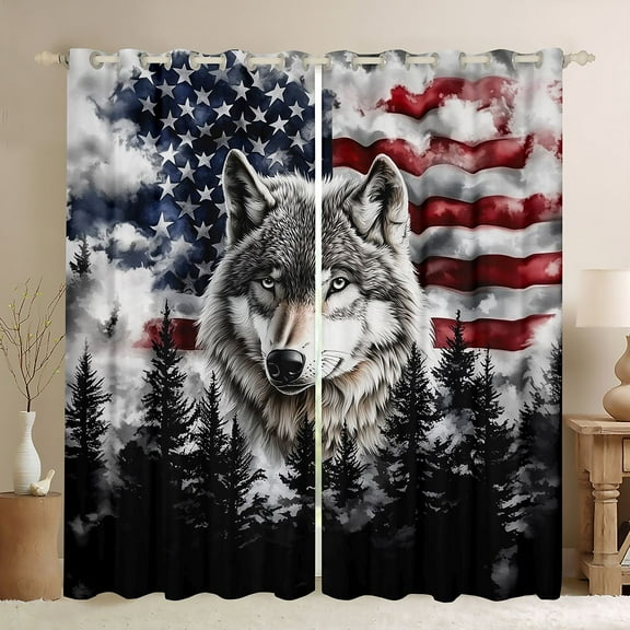 Homewish 3D Jungle Wolf Black Out Curtains, Retro American Flag Curtains Pack of 2 (42x63 Each), Western Countryside Bedroom Curtains, Curtains and Drapes Bedroom Decor