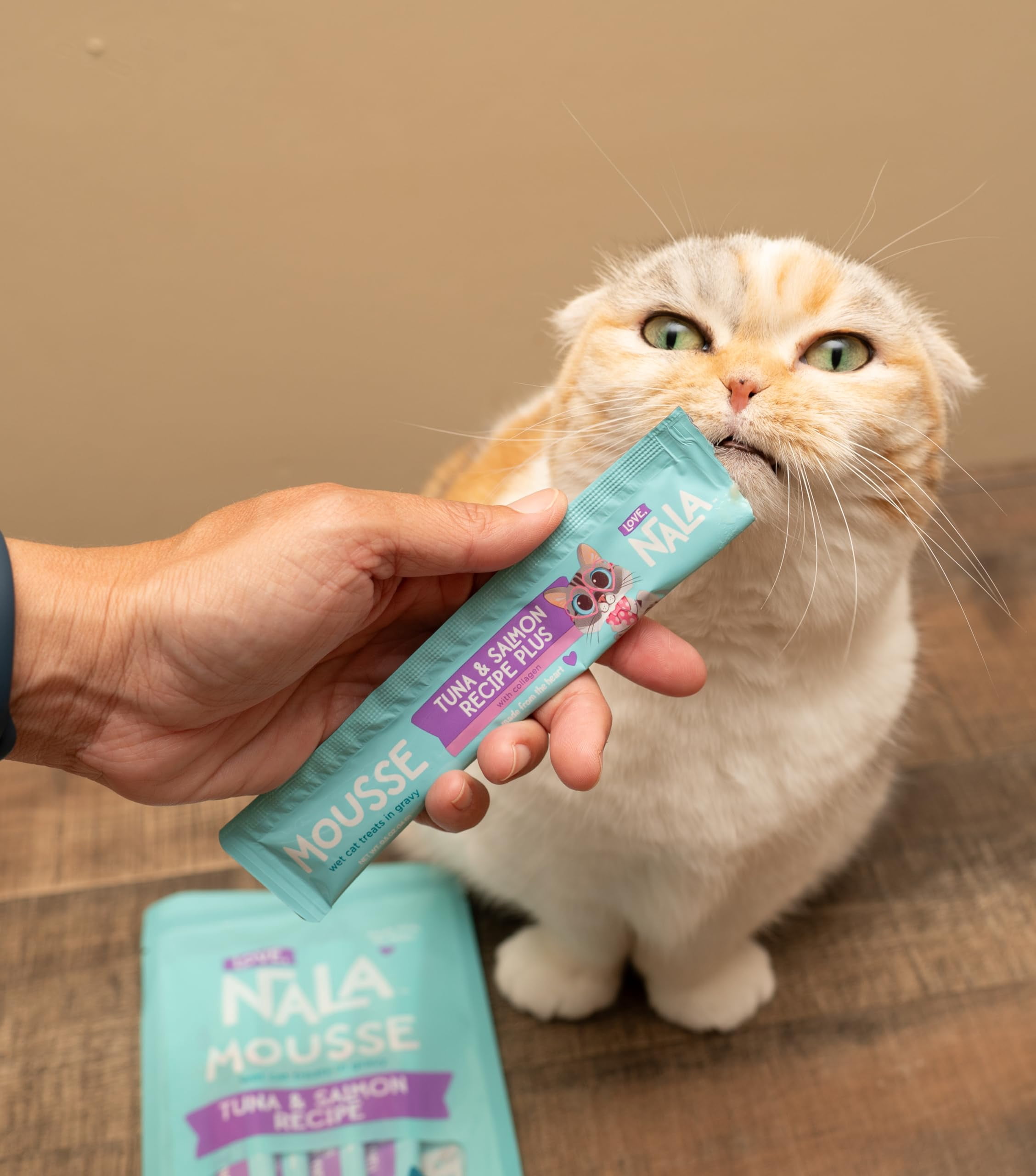LOVE, NALA - Skin & Coat Health - Tuna & Salmon Plus Collagen Mousse - Lickable Cat Squeeze Up Wet Food Puree Treat, Topper - Grain Free, Fiber, Minerals, Vitamins - 24 Pack 15.2 oz.