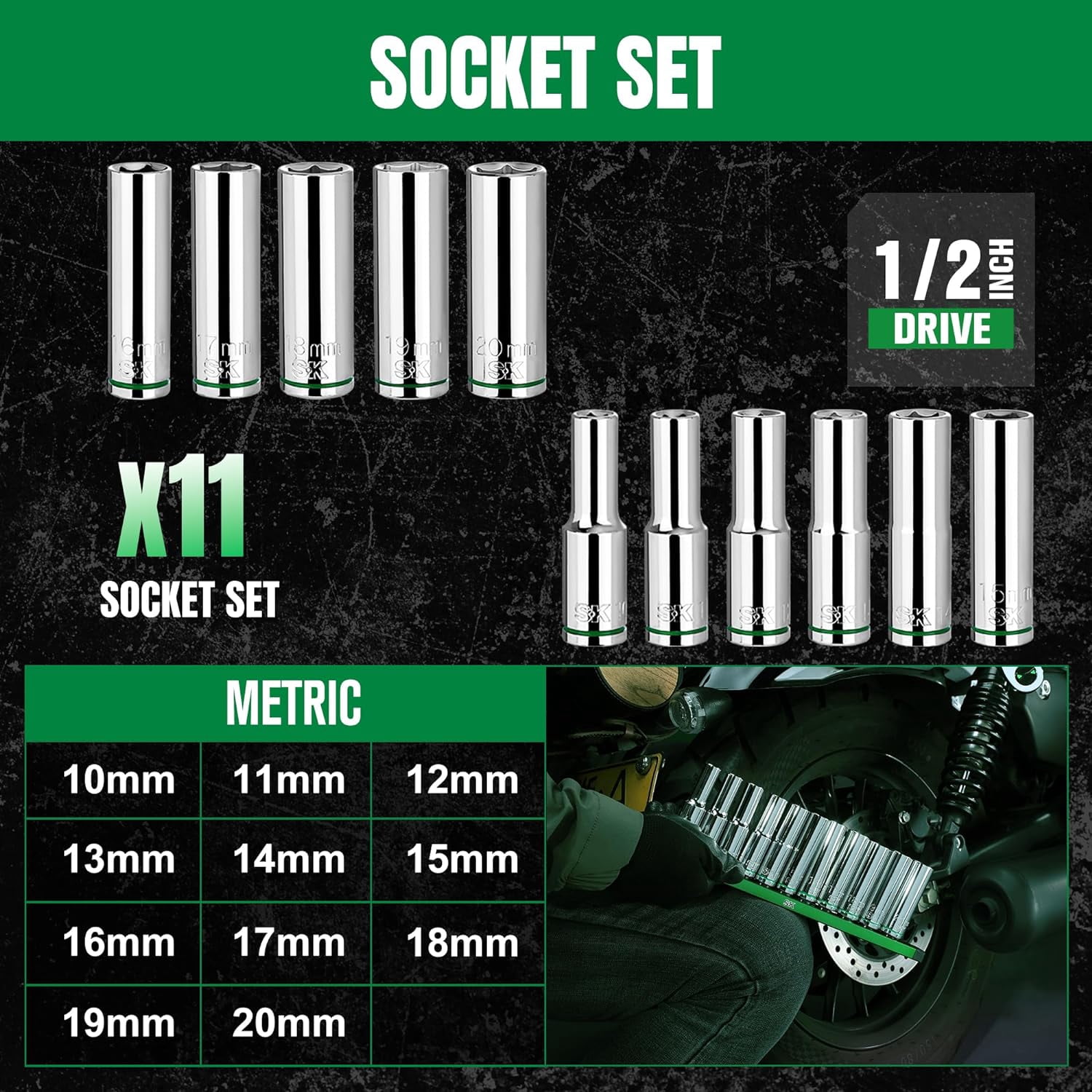 SK 1/2" Drive Socket Set, Deep Metric Sockets, 11-Piece 10-20mm, SuperKrome Finish, Preminum CR-V Construction, with Aluminum Socket Organizer