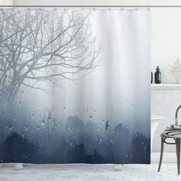 Landscape Shower Curtain, Raindrops Mystic Foggy Scenery Dramatic Water Drops Lonely Tree, Cloth Fabric Bathroom Decor Set with Hooks, 69" W x 70" L, Gray Denim