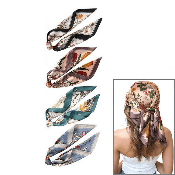 4-Pack Fashion Accessories - Silk Bandanas for Women, 27" Satin Square Head Scarves with Hair Protecting Wrap, Multipurpose Neck Covers for Travel & Sleep
