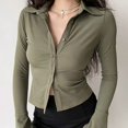 thumbnail image 4 of Blouses polo lapel single-breasted flared Collar Solid sleeve shirt Five-color women's slim long-sleeve Casual Streetwear top, 4 of 5