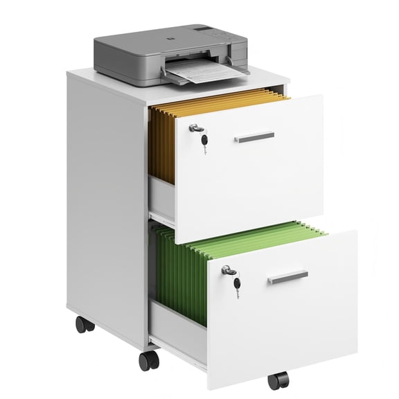 GALAXHERO 2 Drawer Filing Cabinet with Lock, Wooden Printer Stand with Storage for Home Office, Mobile Locking File Cabinet Fits Letter/A4 Hanging Files, White