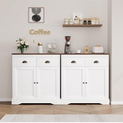 NEILA Farmhouse White Buffet with Storage, Kitchen Sideboard with 2 Doors and 2 Drawers, Wooden Coffee Bar Cabinet with Shelves for Dining Room, Living Room