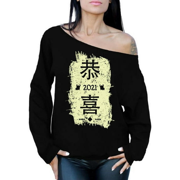 Chinese New Year 2021 - Women's Off Shoulder Sweatshirt Congratulations Be Wealthy Ox Zodiac