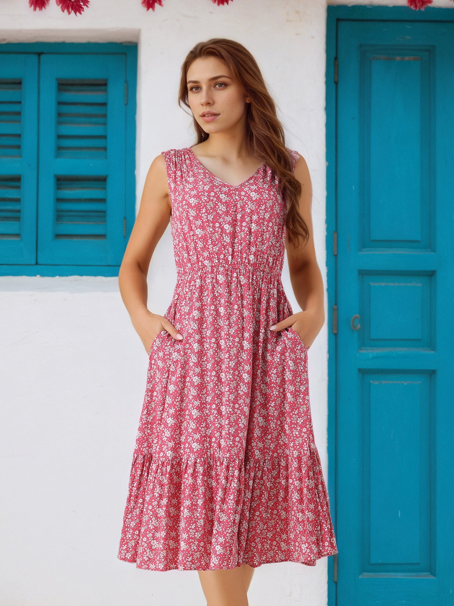 DARING DIVA Women's Floral V Neck Sleeveless Midi Dresses S Red
