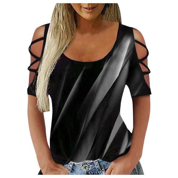 Fesfesfes Lace Short Sleeve Tops for Women's Line Contrast Printing Hollow Round Neck Short-Sleeved Tank Tops Blouse T Shirt Women 4(S)