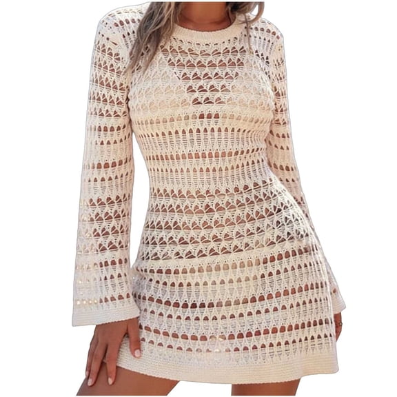 ZToonmas Women's Long Sleeve Crochet Beach Cover-up Dress Round Neck Hollow out Swim Tunic Sheer Knit Bikini Cover for Vacation