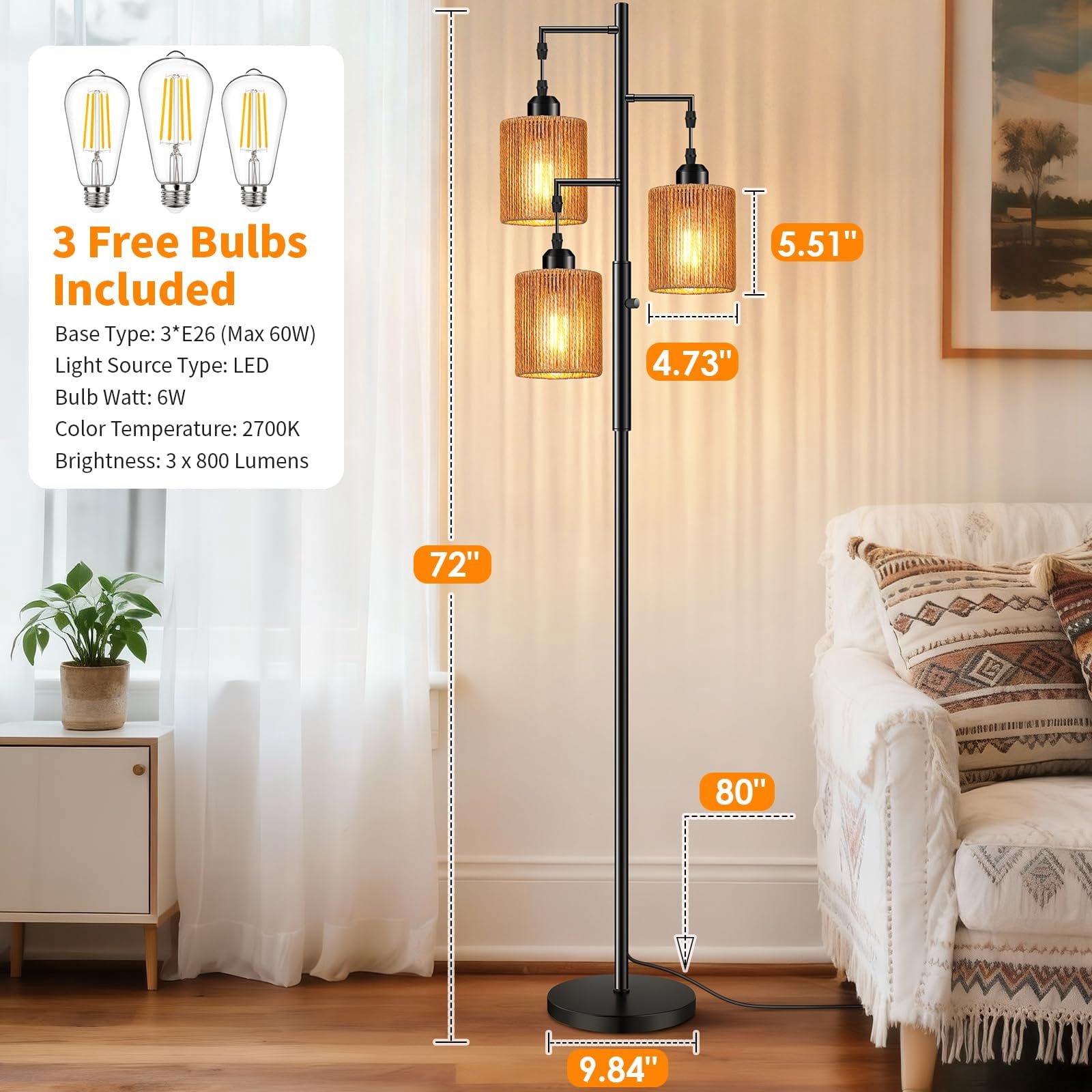 72" Boho Rattan Floor Lamp with Hand-Woven Paper Cord Shade, Dimmable Tree Lamp for Living Room