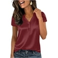 thumbnail image 2 of CYMMPU Women's Summer Solid Color Satin Button V Neck Top, Casual Short Sleeve Lightweight Elegant Blouse for Women Wine XXL, 2 of 6