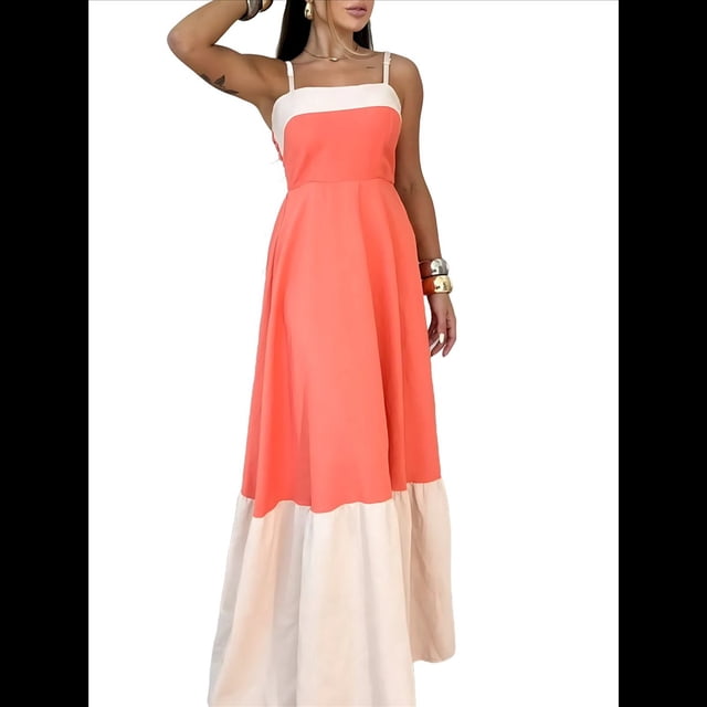 Vestido de Tirantes para Mujer, y Verano, Estilo Europeo y Americano, Sin Mangas, con Contraste de Colores. Rojo M