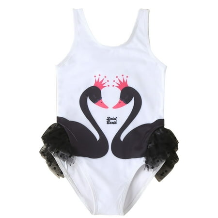 

Kid Girl Swan Printed Ruffle Swimsuit Beachwear Bathing Suit