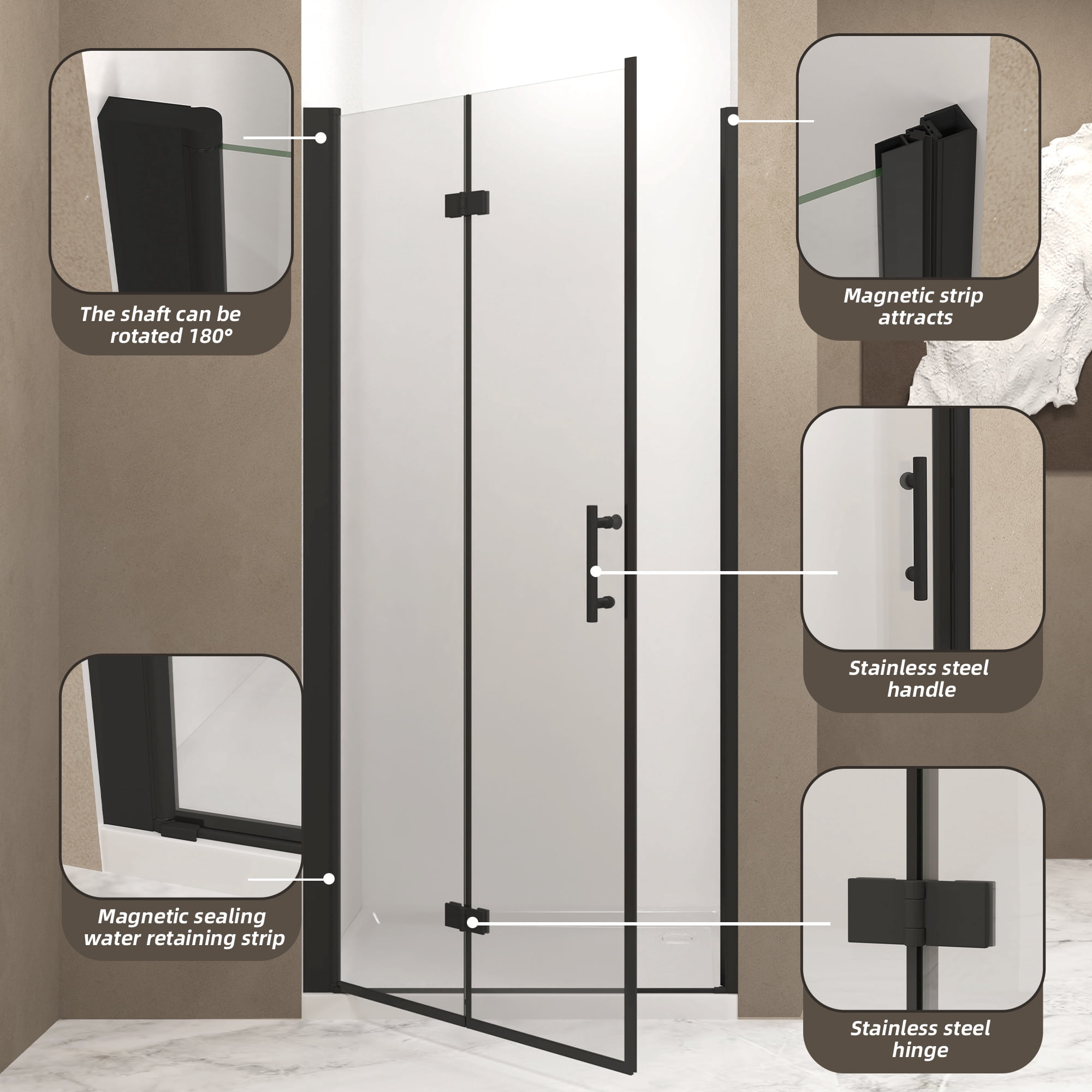 Leumius 28-29" x 72" Bifold Shower Door,Half Frame Shower Door,1/4"(6mm) Tempered Glass with Matte Black Aluminum Frame