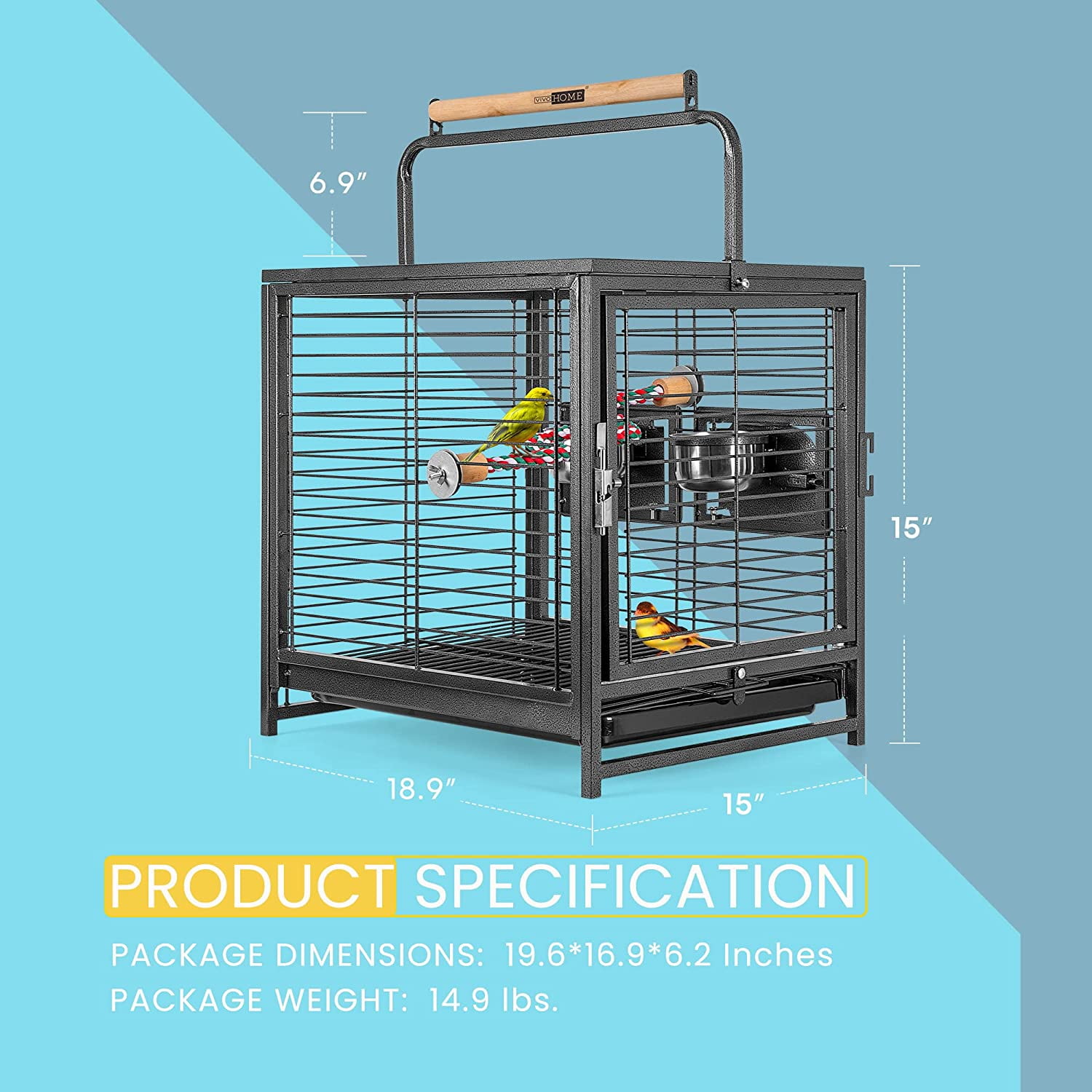 SPECSTAR19" Wrought Iron Travel Carrier Bird Cage for Parrots Conures Lovebird Cockatiel Parakeets