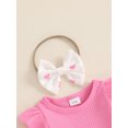 thumbnail image 6 of Suealasg 3Pcs Baby Girl Valentines Day Outfit Heart Ruffle Long Sleeve Ribbed Romper Bear Patch Overall Dress Bow Headband Set 3M 6M 12M 18M Infant Girls Spring Clothes, 6 of 7