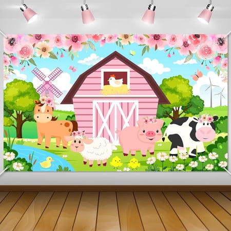 5.9x3.6FT Farm Animals Backdrop Cartoon Pink Floral Barn Photography Background Cow Pink Flower Farm Animals Birthday Party Decorations Banner Supplies Photo Booth Props