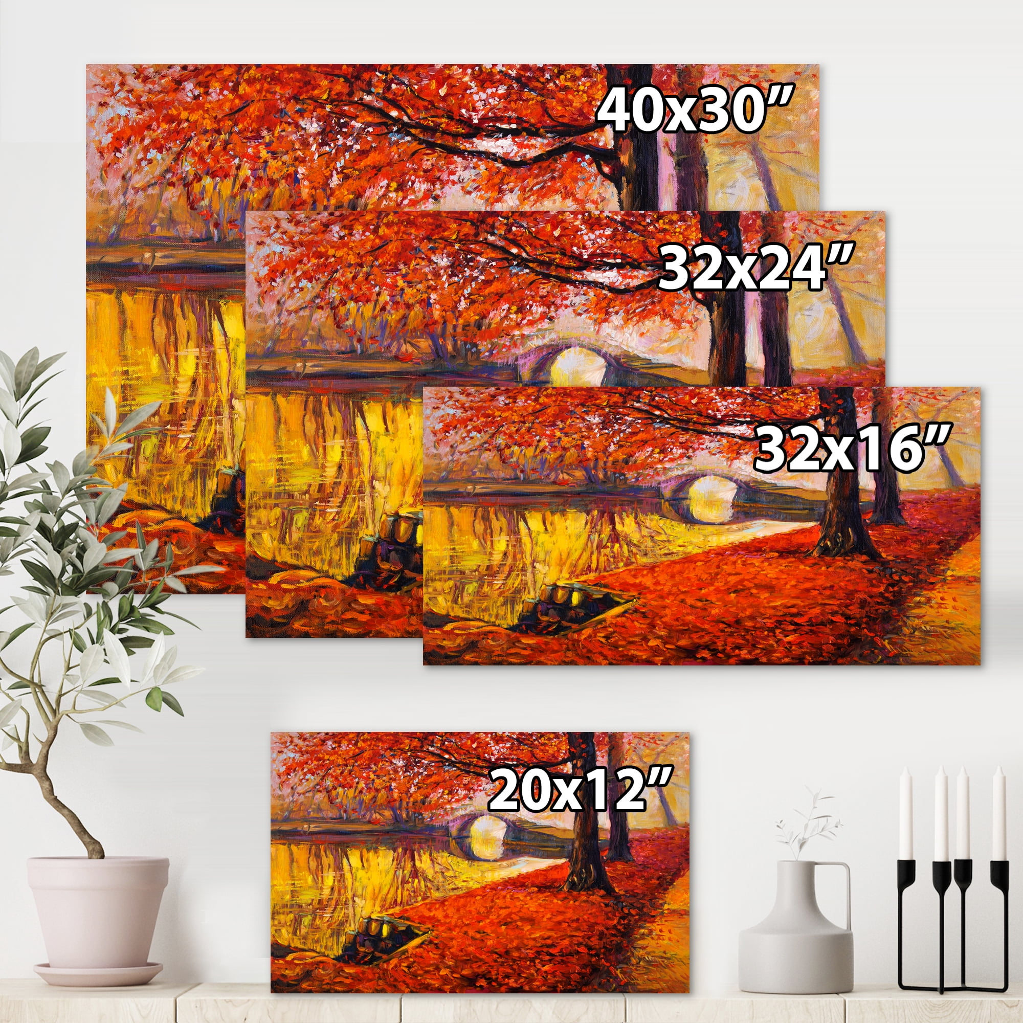 Designart ' Little Bridge In Deep Orange Autumn Landscape I ' Traditional Canvas Wall Art Print
