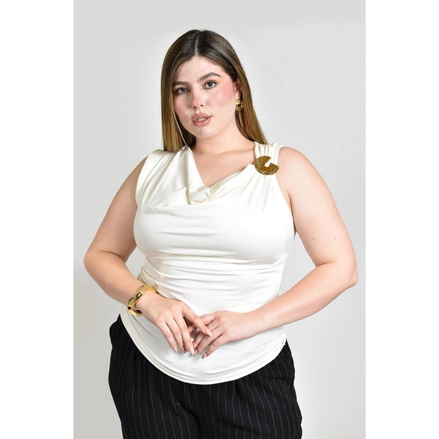 Blusa satinada con broche Roman Fashion /Tallas Extras, 1914 (Hueso) blanco 40