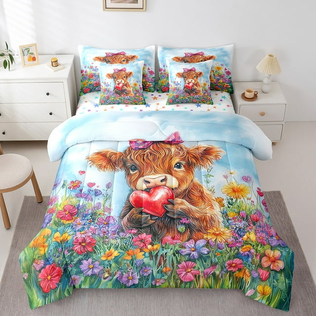 Erosebridal Literie Taureau des Highlands Format Simple, Ensemble de Lit Fleur de Marguerite Colorée, Animal Rustique Réversible Lit en Sac Format Simple, Déco de Chambre Légère, 7 Pcs