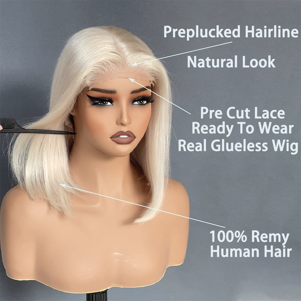 5x5 Glueless Platinum Blonde Bob Wigs Short Straight Bob Brazilian Virgin Human Hair Wig Precut UHD Transparent Lace Wig Preplucked Ready to Wear Wigs For Women 12 inches 180% Density