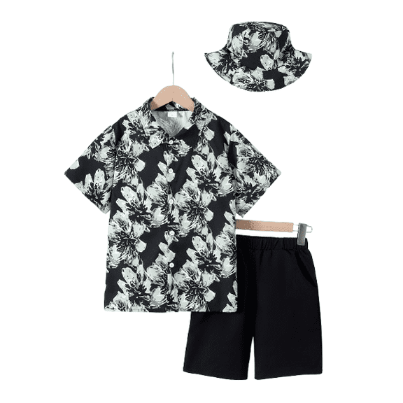 PureChapter Big Boy Summer Outfits Vacation Floral Button-Down Shirt, Pocket Shorts & Hat 3-Piece Set