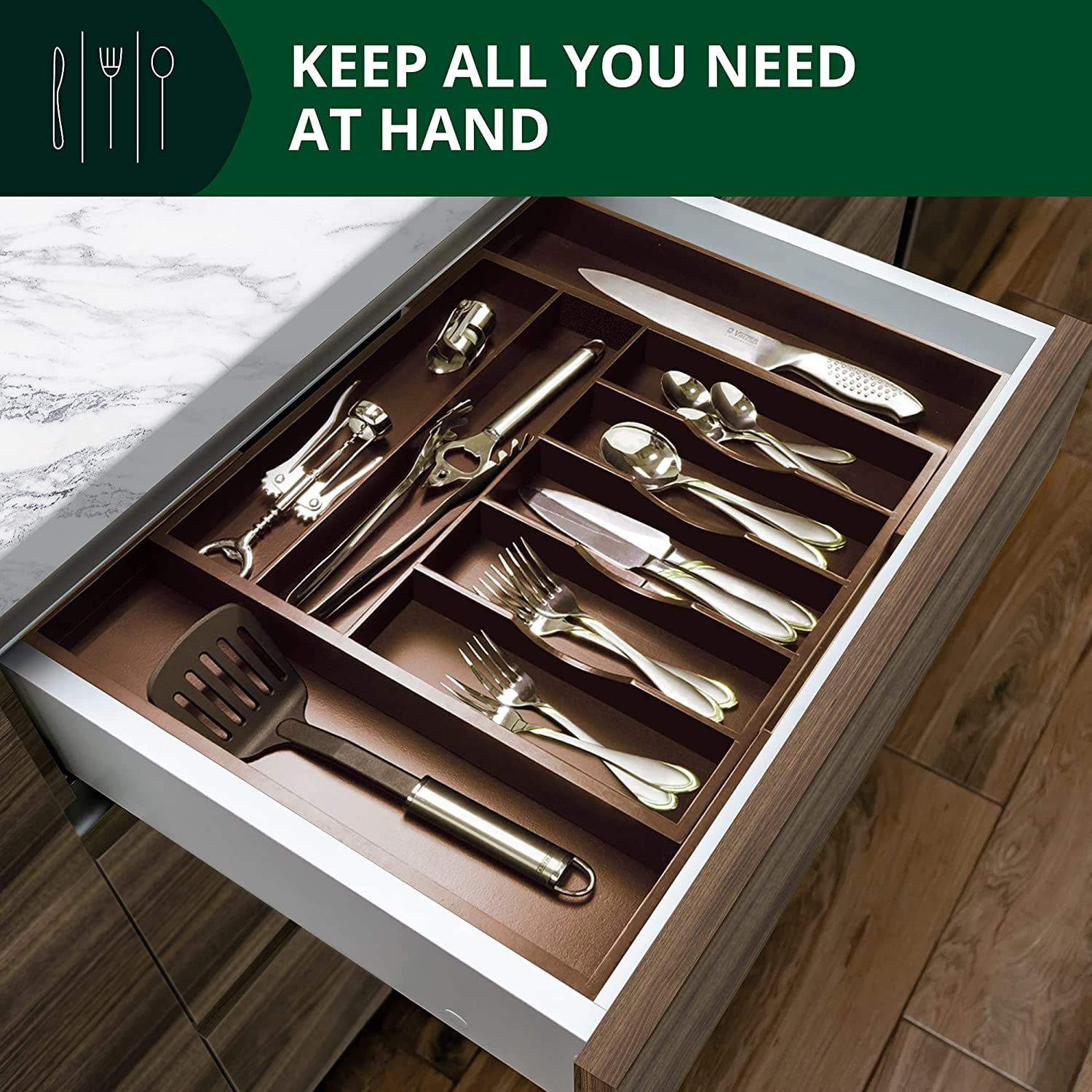 Royal Craft Wood Luxury Bamboo Kitchen Drawer Organizer - Silverware Organizer - Utensil Holder and Cutlery Tray with Grooved Drawer Dividers for Flatware and Kitchen Utensils (9 Slot, Brown)