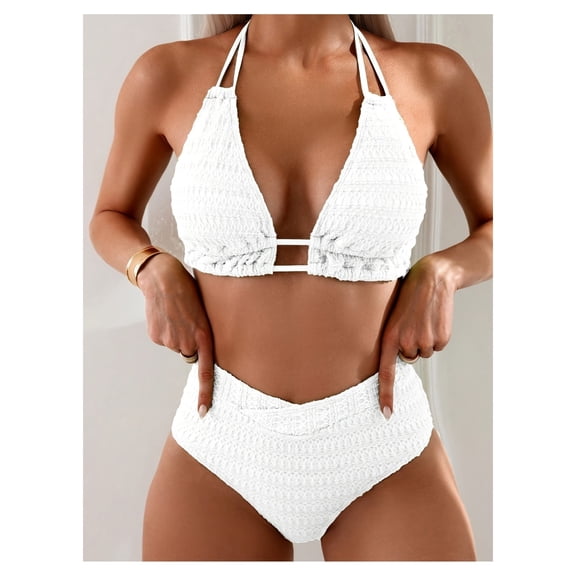 White Textured Bikini Set for Women - Halter Neck, Ruched High Waist Two Piece Swimsuit, Summer Beach Bathing Suit, S-XXL