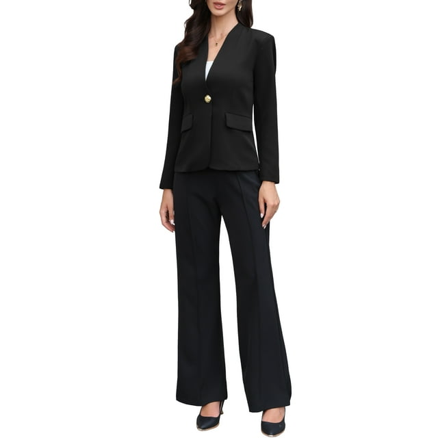 BLAZERS INSPIRADORES CHIC para Mujeres, Casual de Negocios, Ligero, Sin Cuello, de Un Solo Pecho, Chaqueta de Manga Larga con Bolsillos, M Negro