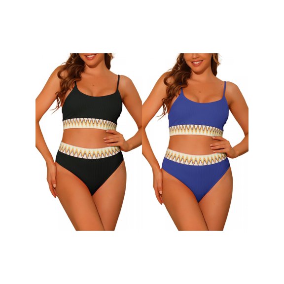 NOMADIC NOOK Women's Ribbed Bikini Combination Sets, Two Pieces Adjustable Spaghetti Straps Swimsuit Swimwear Small Black, Sapphire Blue