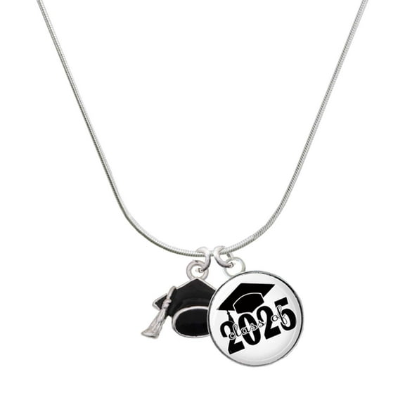 Delight Jewelry Silver-tone 3-D Graduation Hat - Script Class of 2025 Dome Charm Necklace, 18"