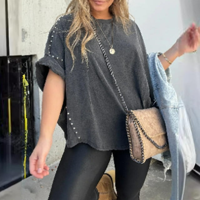 Liquidation d'Été Iumwxz Chemises à Rivets Surdimensionnés Mode Hauts de Sortie pour Femmes T-Shirts Unis Manches Chauve-Souris Col Rond Hauts pour Femmes jusqu'à 60 % de Rabais sur les Vêtements Décontractés Quotidiens